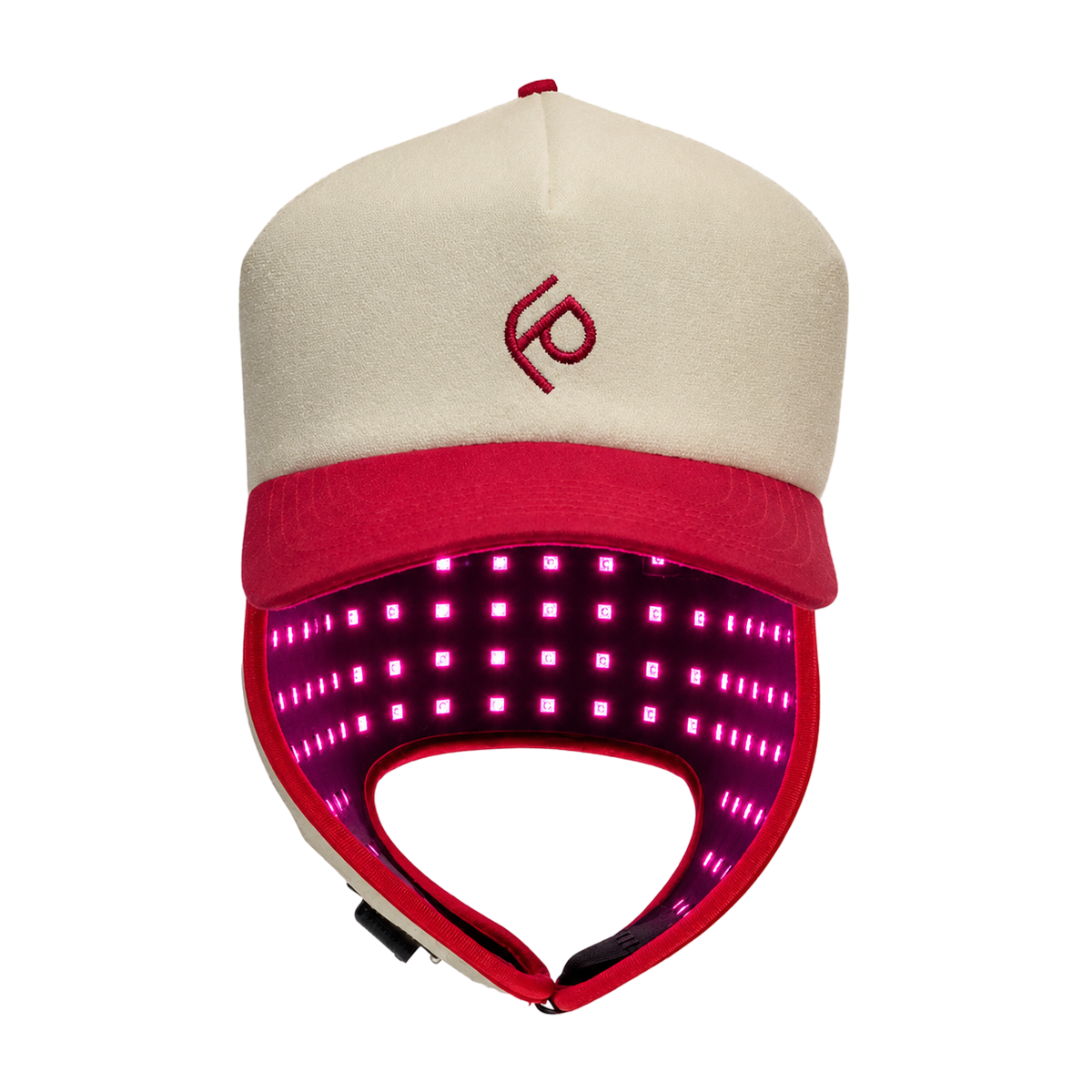 Beige and red cap with LED light on a white background